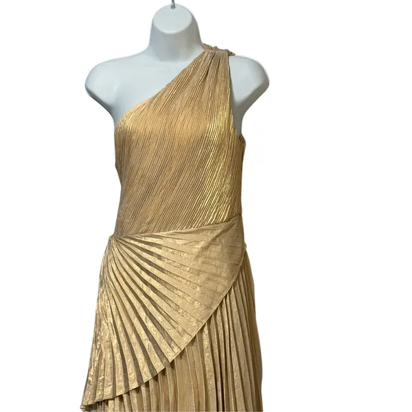 MOTF Premium Gold Metallic One Shoulder Pleated High-Low Formal Gown Size M - Image 6