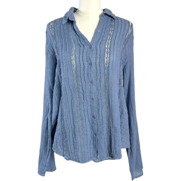 Free People FP One Mila Shirt Blue Ethereal Dainty Romantic Lace Gauze Small - Image 11