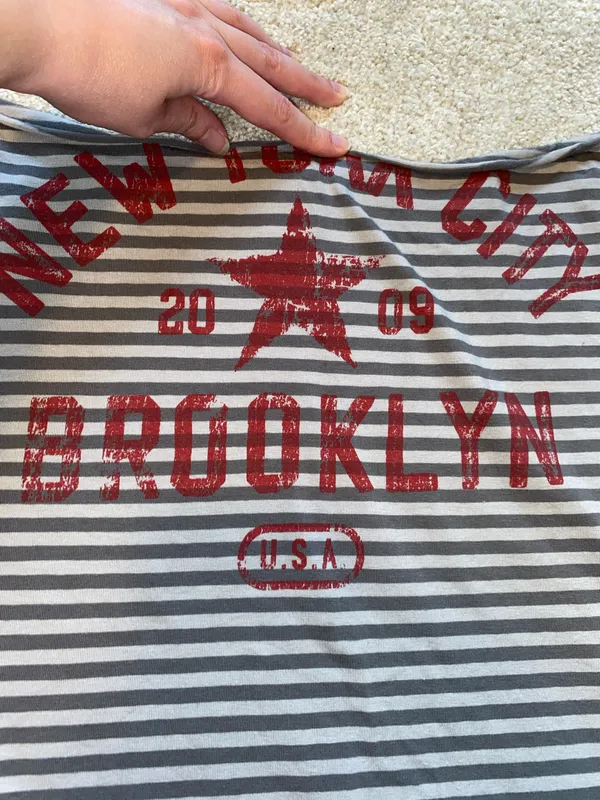 Urban Outfitters Black & Grey Striped New York Slash Neck Tee - Image 3