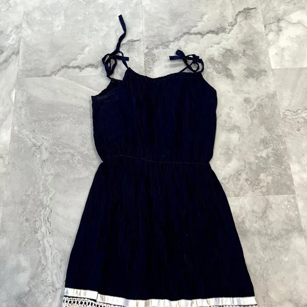 1970s True Vintage Navy Blue‎ Pleated Peasant Tank Tie Strap Dress Medium - Image 6