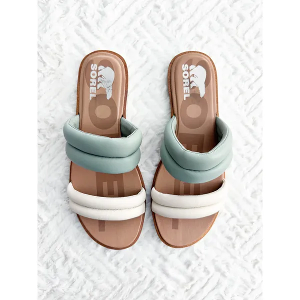 Sorel Ella II Puff Slide Sandals Sage Green Chalk Leather Comfort Coastal Chic - Image 4