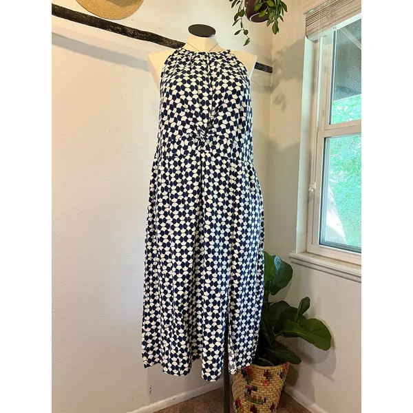Ava & Viv Blue Linen Blend Mod Retro Print High Neck A Line Dress Size 2X - Image 15
