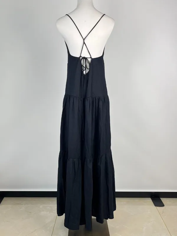 NWOT Farm Rio Linen Blend Black Sleeveless Layer Tiered Maxi Dress Size S - Image 8