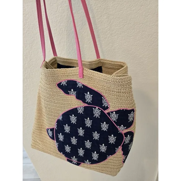 Vera Bradley Straw Tote Bag Sea Turtle Beach Shoulder Bag Pink Navy Large - Image 5