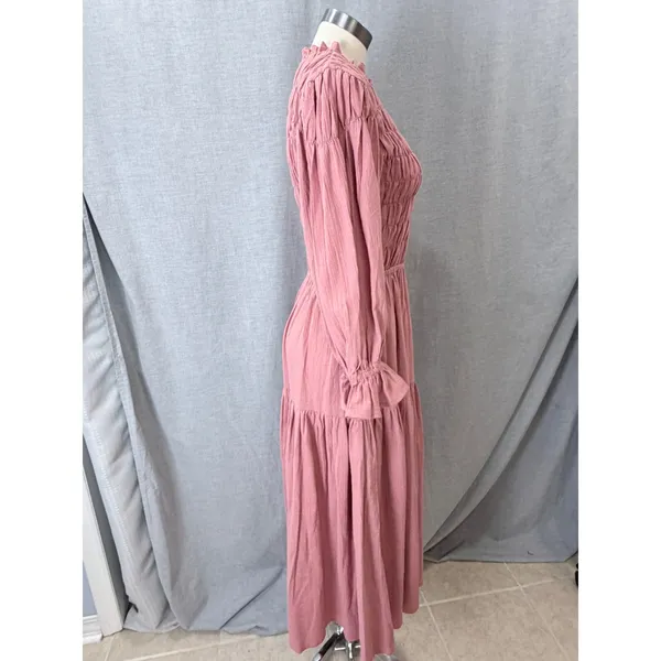 BALILN Dusty Pink Linen Maxi Dress Smocked Long Puff Sleeve Tiered Boho XL - Image 6