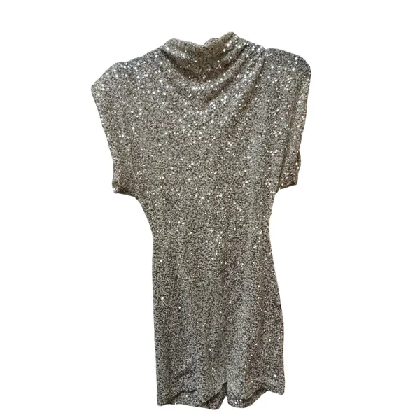 NWOT Champagne Glitter Sequin Mock Neck‎ Bodycon Mini Dress Small - Image 4