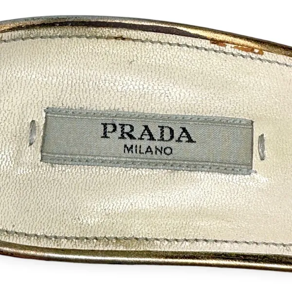 PRADA | US 8.5 / IT 38.5 | Metallic Gold Leather Peep-Toe Slingback Pumps - Image 7