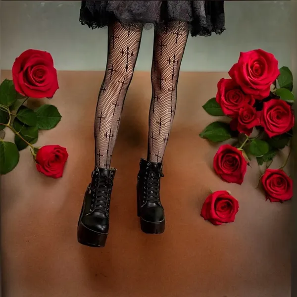 Cross Pattern Fishnet Tights, Hollow Out High Waist Mesh Pantyhose‎ One Size - Image 2