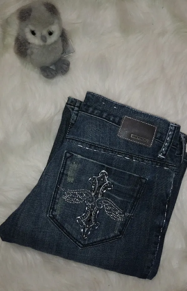 Petrol Sterling 31x33.5 Low Rise Bling Cross Wing Jeans - Image 3