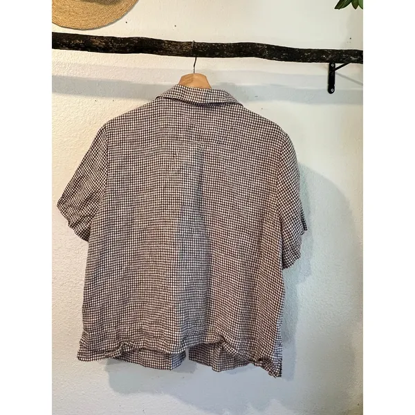 Quince 100% European Linen Gingham Brown Short Sleeve Blouse Top Size XL - Image 3