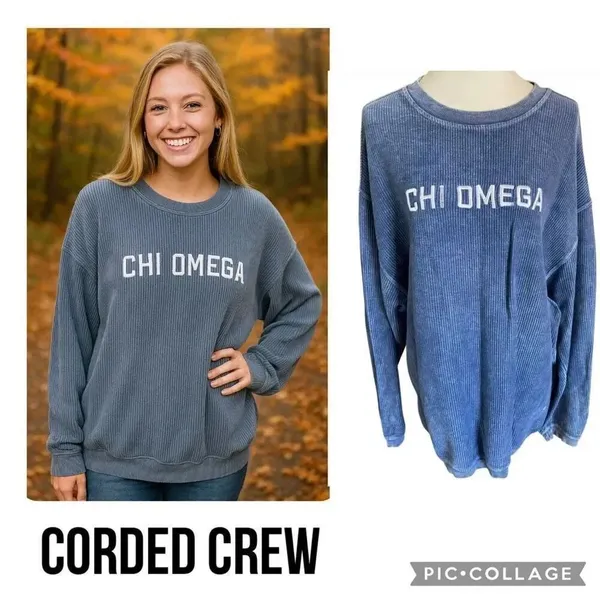 Corded Crew Slate Blue Chi Omega Corduroy-Style Sweatshirt – Size Large - Image 2