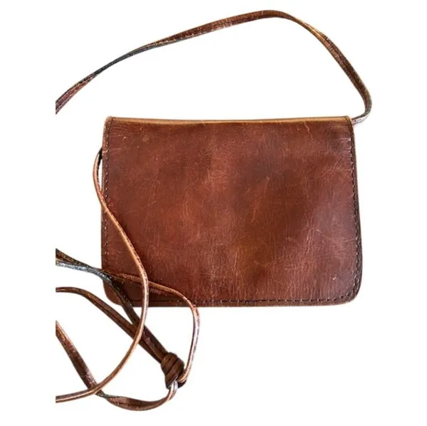 Vintage Brown Leather Crossbody Purse Minimalist Bag w/ Zipper & Snap Closure - Image 9