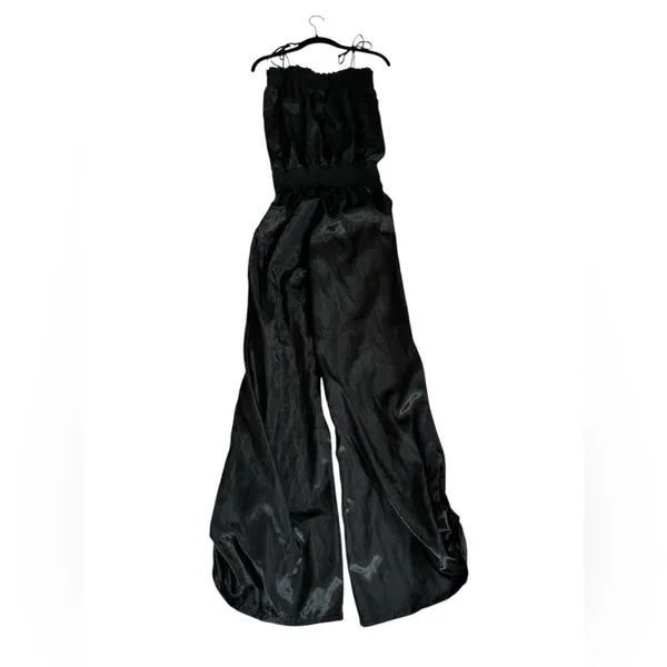 Vintage Black Satin Jumpsuit Smocked Waist Palazzo Leg Minimalist Cocktail Party - Image 8