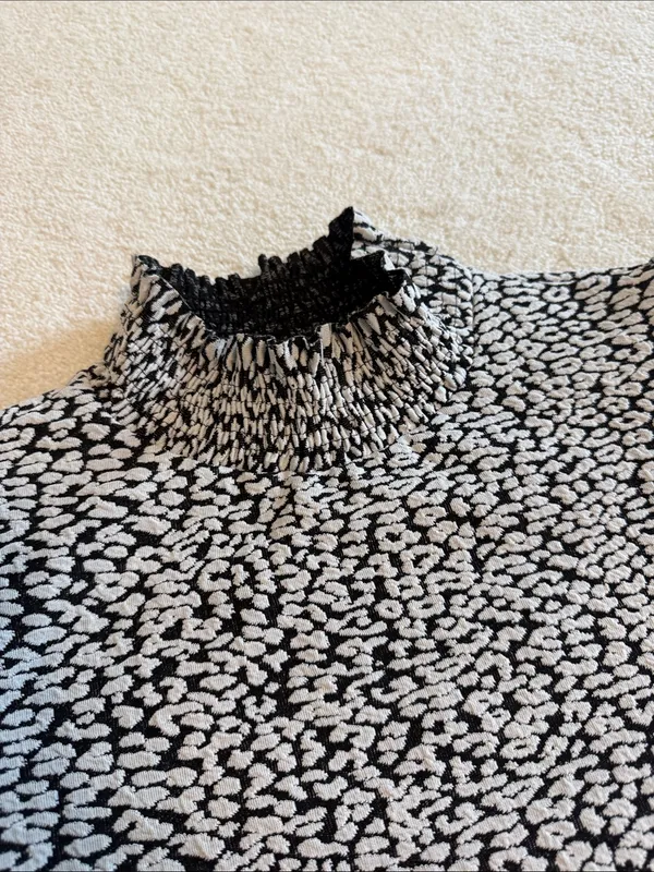 Zara Black & White Leopard Textured, Patterned Short-Sleeve Mock Neck Shirt - Image 2