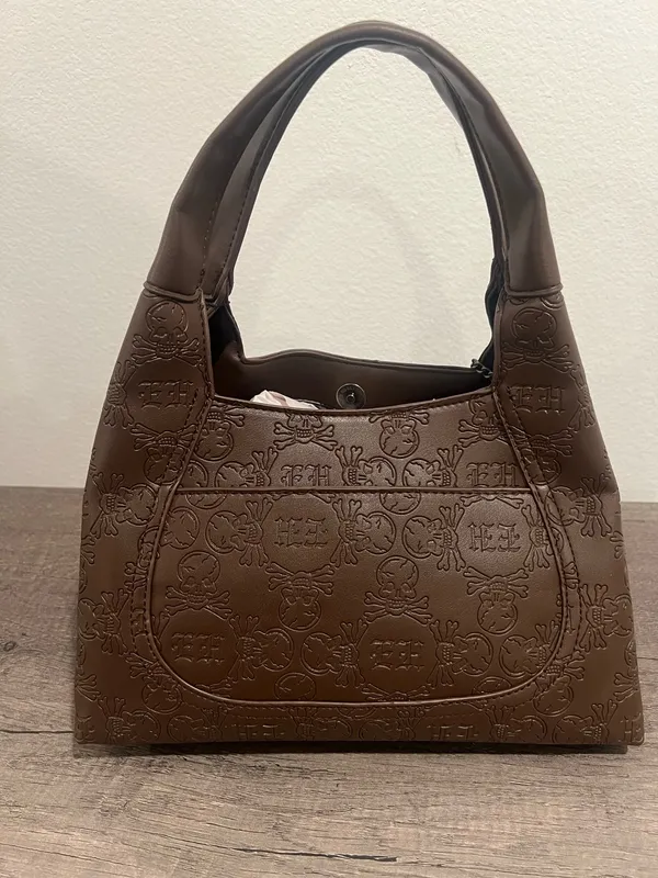 Chocolate Brown Embossed Shoulder Bag with Skull Patch by Ed Hardy - Image 6
