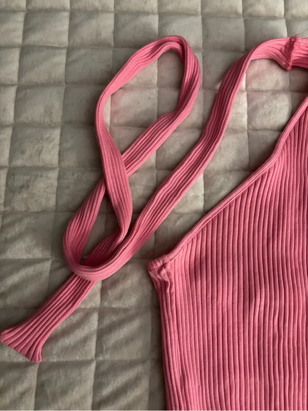 Zara Pink Ribbed One Shoulder & Scarf Knit Top Size M - Image 5