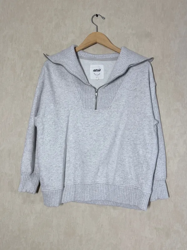 aerie Women’s Down To Earth Quarter-Zip Sweatshirt Oversized Pullover in Gray XS - Image 3