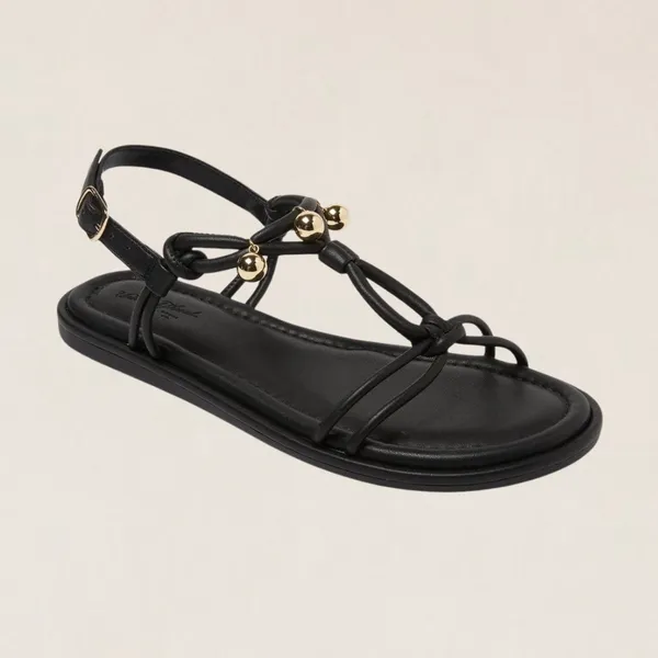 Universal Thread Black Strappy Flat Sandals Gold Bead Detail Ankle Strap 6.5‎ - Image 2