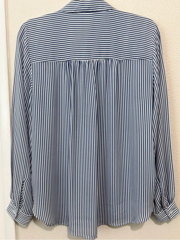 H&M Blue and White Vertical Stripe Button-Up Blouse. Size M - Image 2