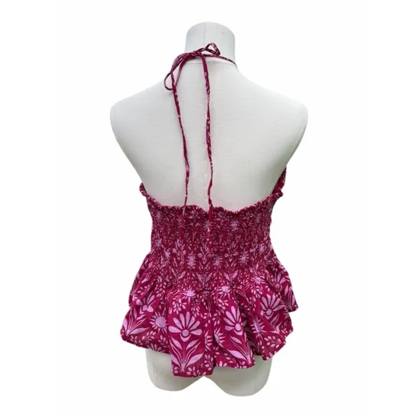 Free People Dandelion Floral Halter Top Pink Peplum Smocked Size Large NWT Boho - Image 4