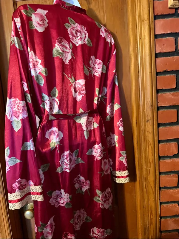 California Dynasty Floral Satin Wrap Robe - Burgundy - Image 3