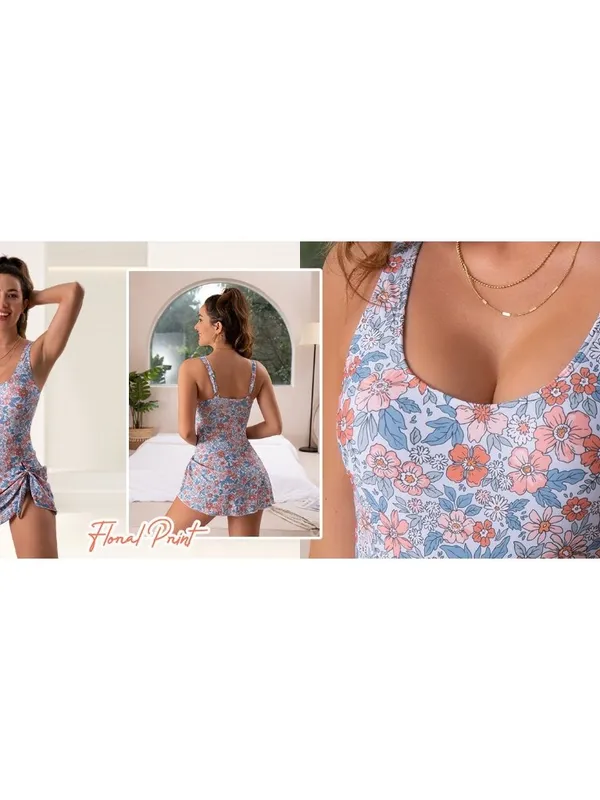 Eomenie One Piece Swimdress Floral Swimsuit Tummy Control Swim Tie Knot Dress XL - Image 4