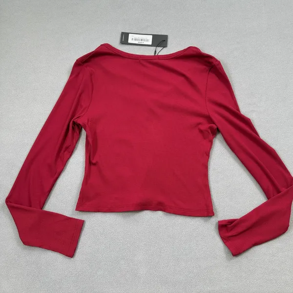 NWT S.DEER Ribbed Top Womens L Red Long Sleeve Henley Top Snap Button V Neck - Image 2