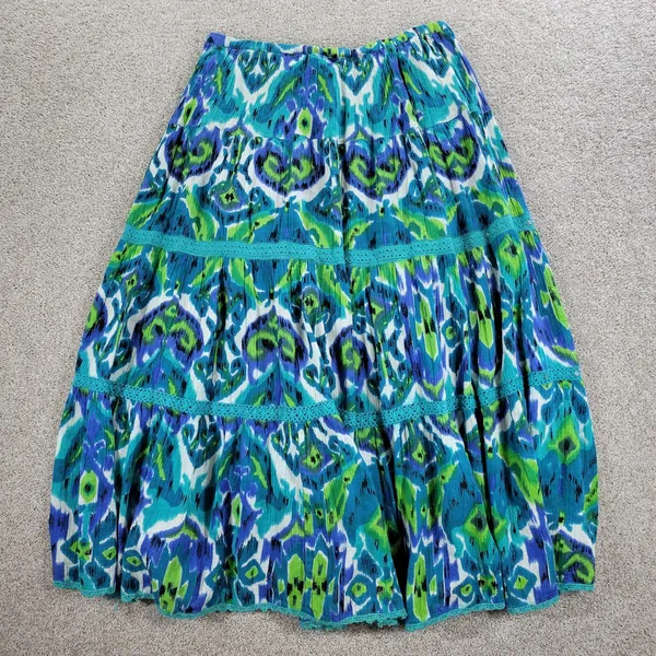 Vintage Notations A-line Skirt Womens L Blue Boho Watercolor Tiered Flowy Hippie - Image 9