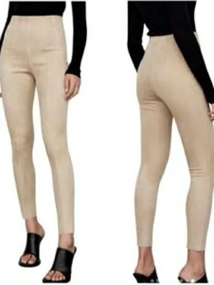 Zara Faux Suede High-Waist Leggings in Light Beige with Zip bottoms size Medium - Image 2