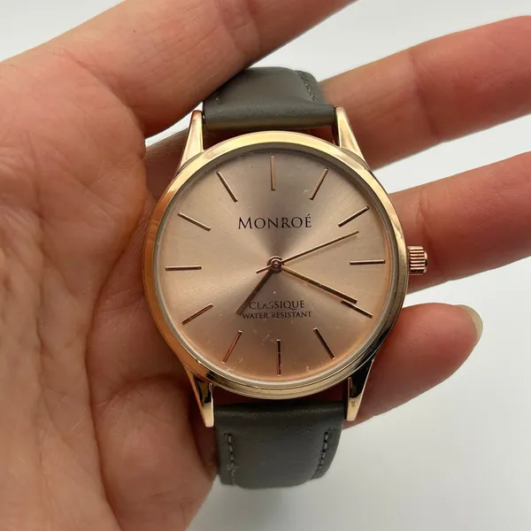 Monroe By Maestro Classique Rose Gold Tone Gray Leather Band Watch New Battery - Image 6