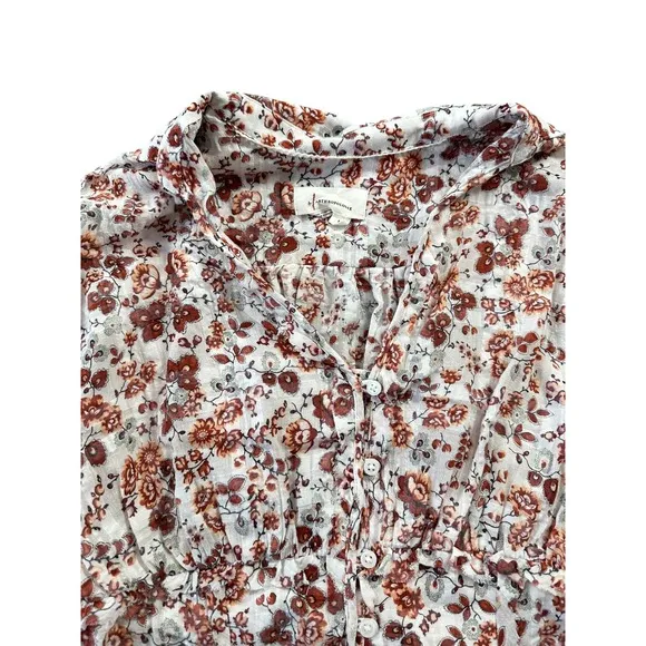 Anthropologie Gauzy Cream Floral‎ Button Front Cropped Blouse Rust Long Sleeve - Image 3
