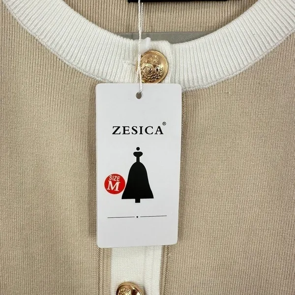 ZESICA‎ Preppy Ladylike Sweater Dress Medium Beige White Gold Buttons Mini NWT - Image 4