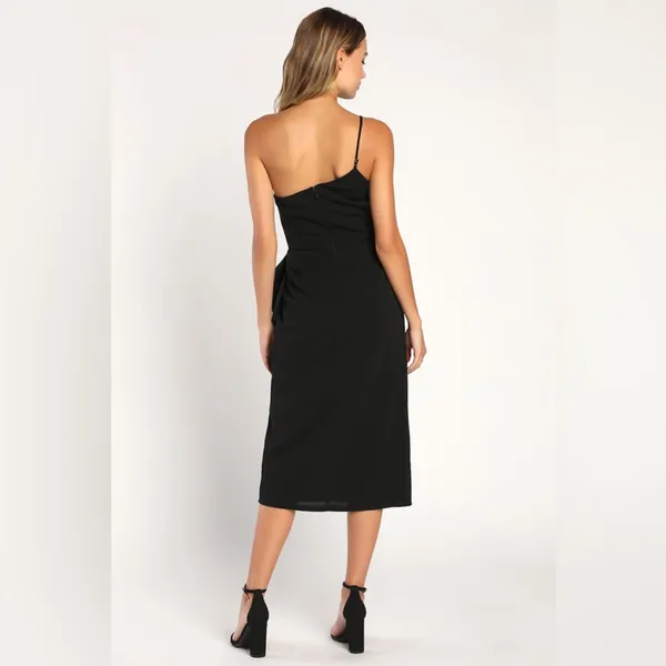 Lulus Black One Shoulder Midi Dress Draped Cocktail Formal Size Medium - Image 2
