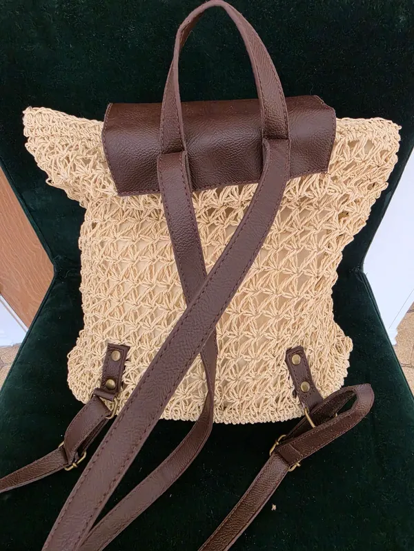 Woven Straw Backpack with Brown Leather Flap Tan - Image 3