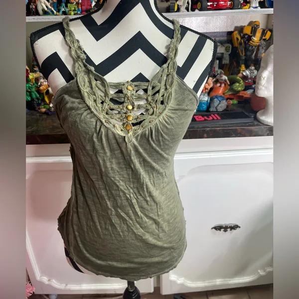 Free People Beaded Olive Green Braided S Top Sleeveless Boho Festival Beach - Image 2
