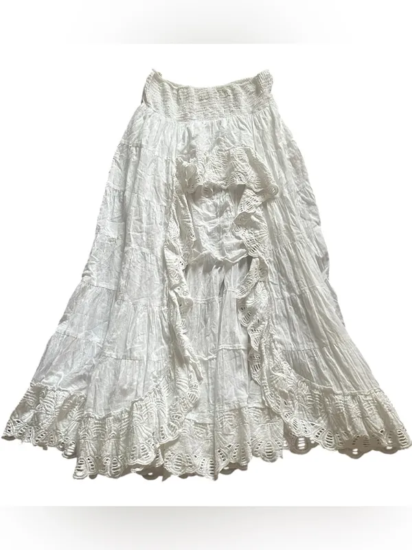 Solitaire High Low Ruffle Cottagecore Tiered Romantic White Peasant Maxi Skirt L - Image 3