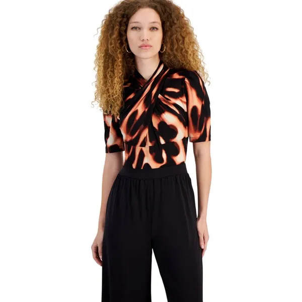 RACHEL by Rachel Roy Twisted Short- Sleeve Jumpsuit Leopard Black Multi 2XL - Image 9