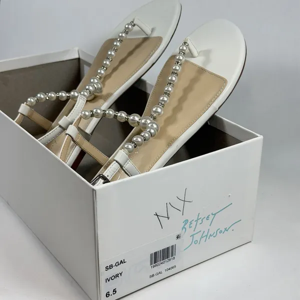 Betsey Johnson Size-6.5 Women Flat Sandals‎ Gal Pearl Strap White - Image 11