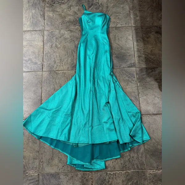 New! Jovani 02136 Metallic Fitted One Shoulder Prom Dress Aqua Green Sz 00 $500‎ - Image 6