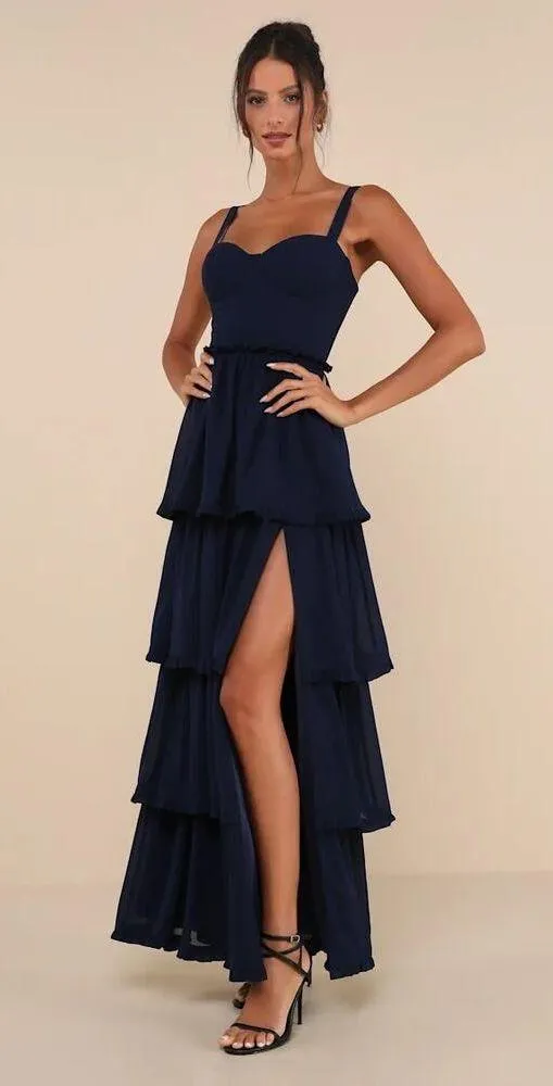 Lulus Sophisticated Occasion Navy Blue Bustier Lace-Up Maxi Dress Size L - Image 2