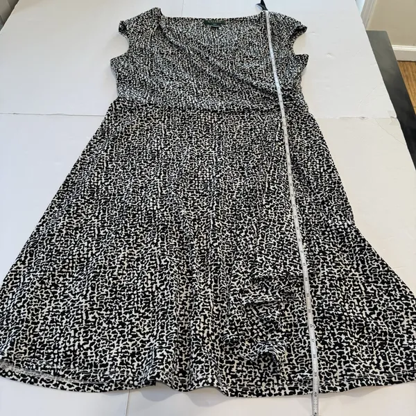 Ralph Lauren‎ Black White Sleeveless Swing Flare Faux Wrap Stretch Dress Size 16 - Image 7