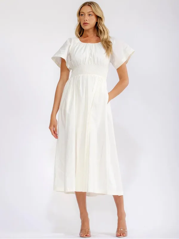 White Cotton Smocked Waist Maxi Dress with Pockets | Boutique NWT L - Image 5