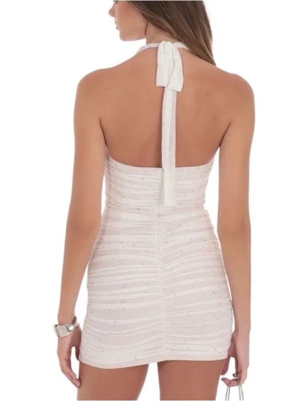 Lucy in the Sky Boop Rhinestone Bodycon Mini Dress White Ruched Halter Party M - Image 3