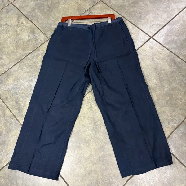 Orvis Wide Leg 100% Linen Solid Navy Drawstring Cropped Pant Large Beach Resort - Image 6