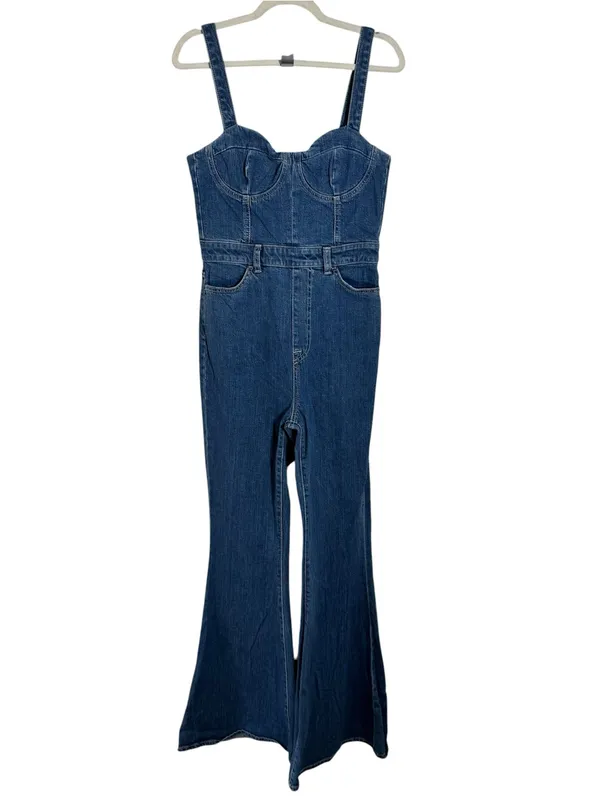 7 For All Mankind Beauty Denim Mega Flare Jumpsuit in Diana Blue Size M - Image 13