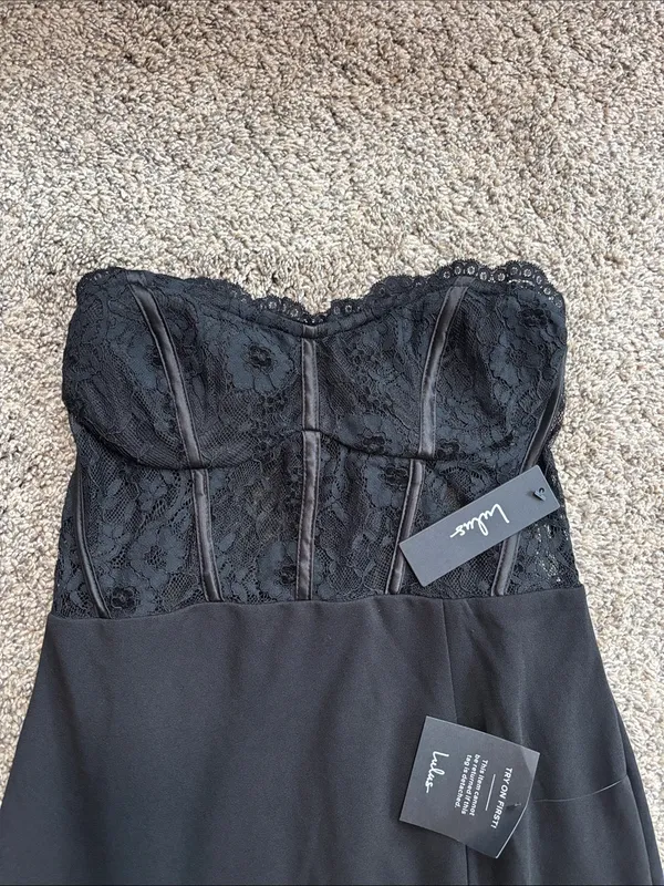 Lulus Sultry Persona Black Lace Strapless Bustier Mermaid Maxi Dress size medium - Image 3