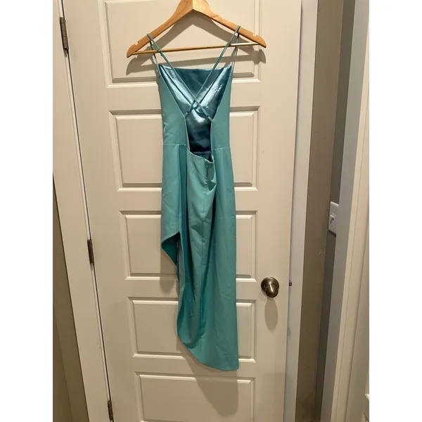 Bardot Anya Aqua Blue Midi‎ Dress Asymmetrical Open Back Slit Size 4 Cocktail - Image 4