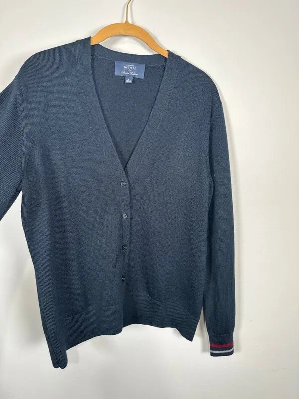 Brooks Brothers Large Womens Cardigan Striped Wrists Navy Blue V-Neck Wool Blend - Image 7