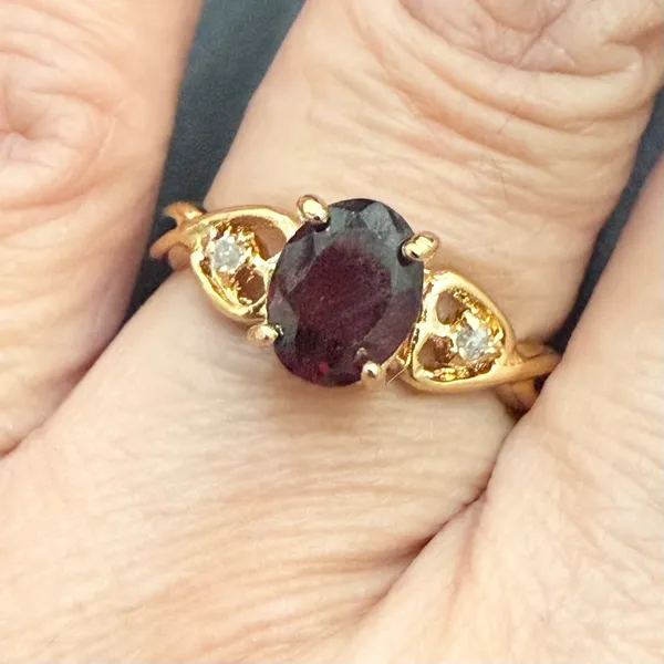 Vintage 14K HGE Heavy Gold Electroplated Genuine Garnet & Diamond Ring Size 7 - Image 3