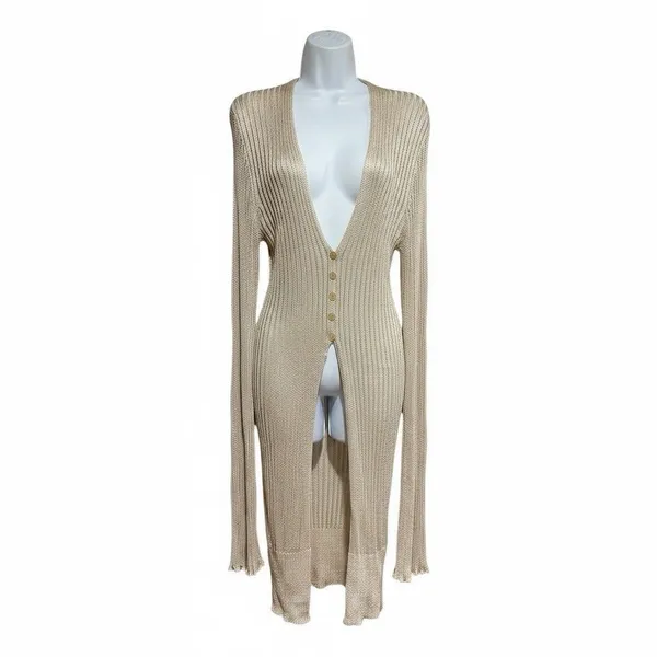 Free People Vie Boheme Cardi Sandcastle Tan Ribbed Knit Slit Cardigan Large L - Image 6
